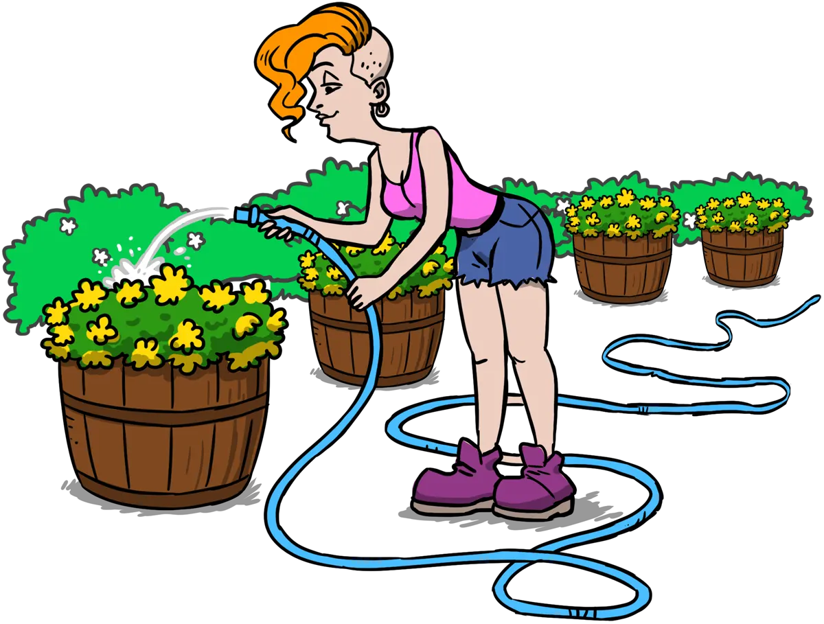 Jailbird Beauty watering the flowers